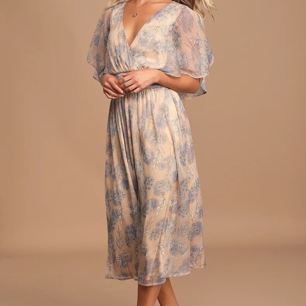 Lulu's Subtle Romance Beige Floral Print Ruffled Midi Dress